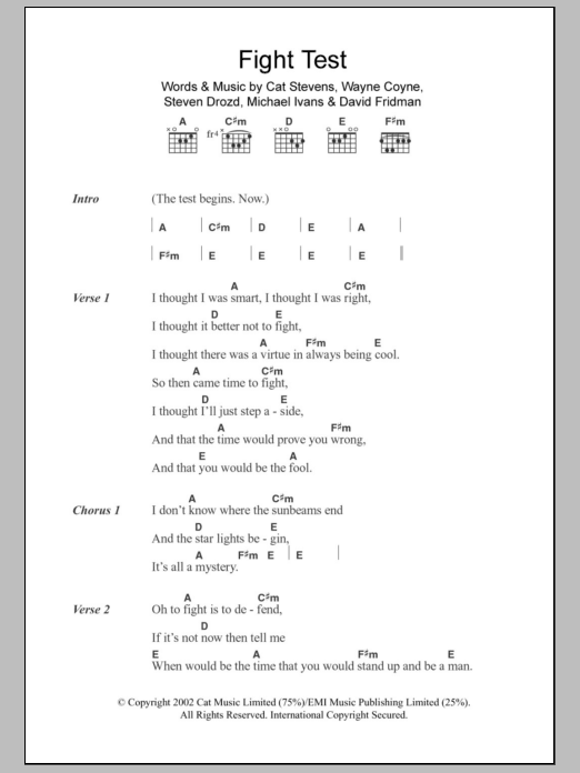 The Flaming Lips Fight Test sheet music notes and chords arranged for Guitar Chords/Lyrics