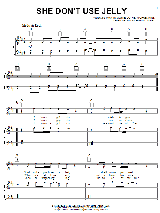 The Flaming Lips She Don't Use Jelly sheet music notes and chords arranged for Piano, Vocal & Guitar Chords (Right-Hand Melody)