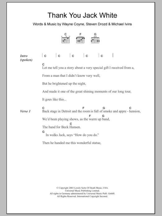 The Flaming Lips Thank You Jack White sheet music notes and chords arranged for Guitar Chords/Lyrics