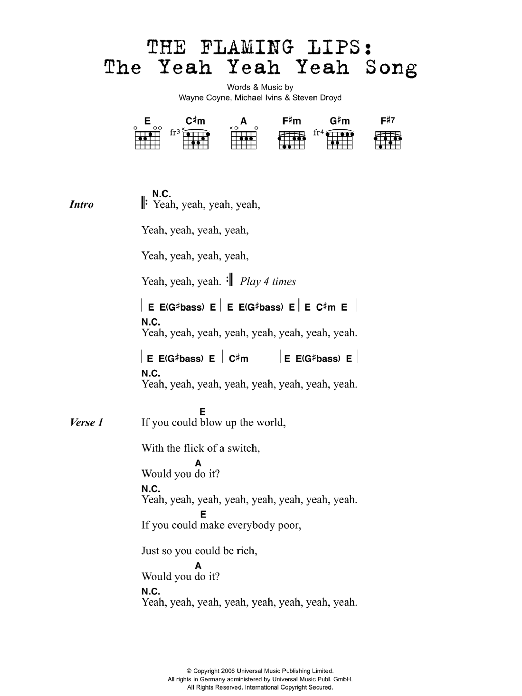 The Flaming Lips The Yeah Yeah Yeah Song sheet music notes and chords arranged for Guitar Chords/Lyrics
