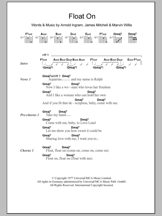 The Floaters Float On sheet music notes and chords arranged for Guitar Chords/Lyrics