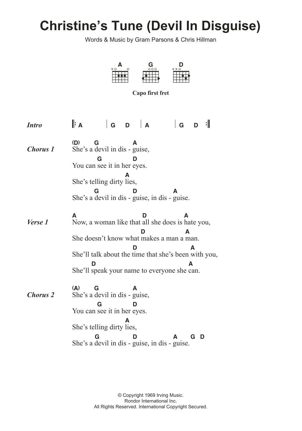 The Flying Burrito Brothers Christine's Tune (Devil In Disguise) sheet music notes and chords arranged for Guitar Chords/Lyrics