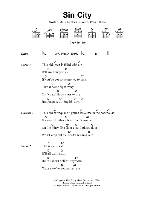 The Flying Burrito Brothers Sin City sheet music notes and chords arranged for Guitar Chords/Lyrics