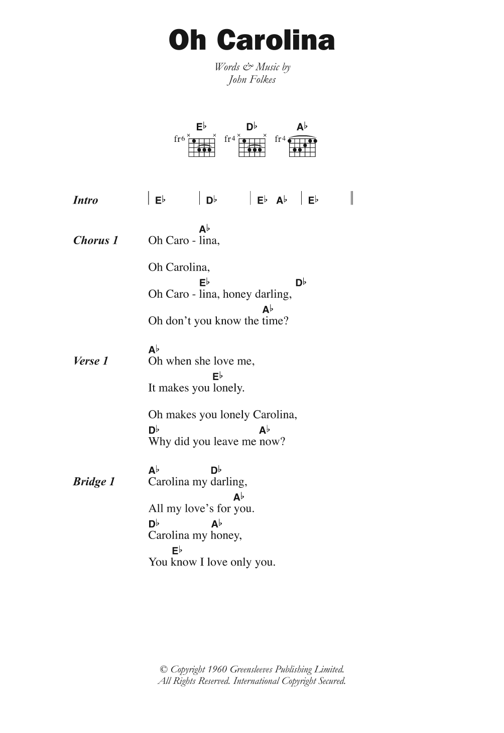 The Folkes Brothers Oh Carolina sheet music notes and chords arranged for Guitar Chords/Lyrics