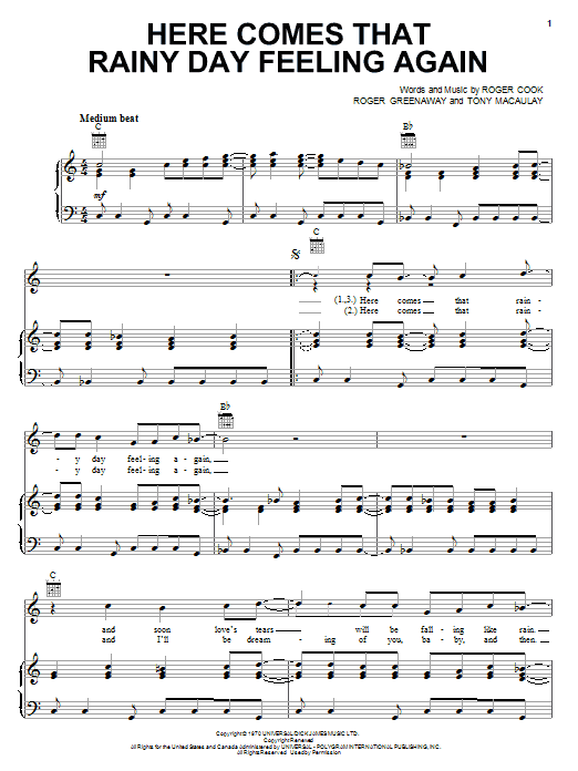 The Fortunes Here Comes That Rainy Day Feeling Again sheet music notes and chords arranged for Piano, Vocal & Guitar Chords (Right-Hand Melody)