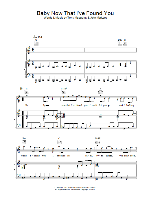 The Foundations Baby, Now That I've Found You sheet music notes and chords arranged for Piano, Vocal & Guitar Chords (Right-Hand Melody)