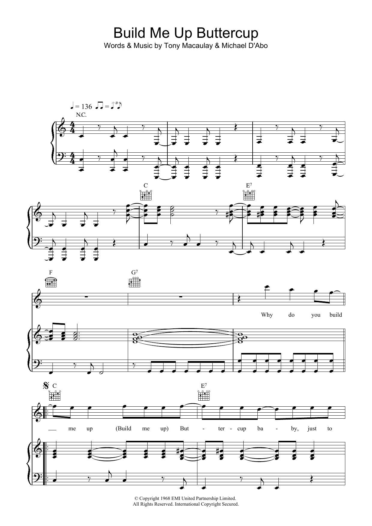 The Foundations Build Me Up Buttercup sheet music notes and chords arranged for Piano Chords/Lyrics