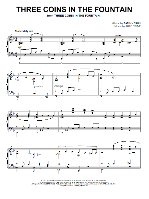 The Four Aces Three Coins In The Fountain sheet music notes and chords arranged for Piano Solo