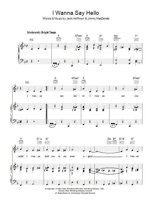 The Four Knights I Wanna Say Hello sheet music notes and chords arranged for Piano, Vocal & Guitar Chords