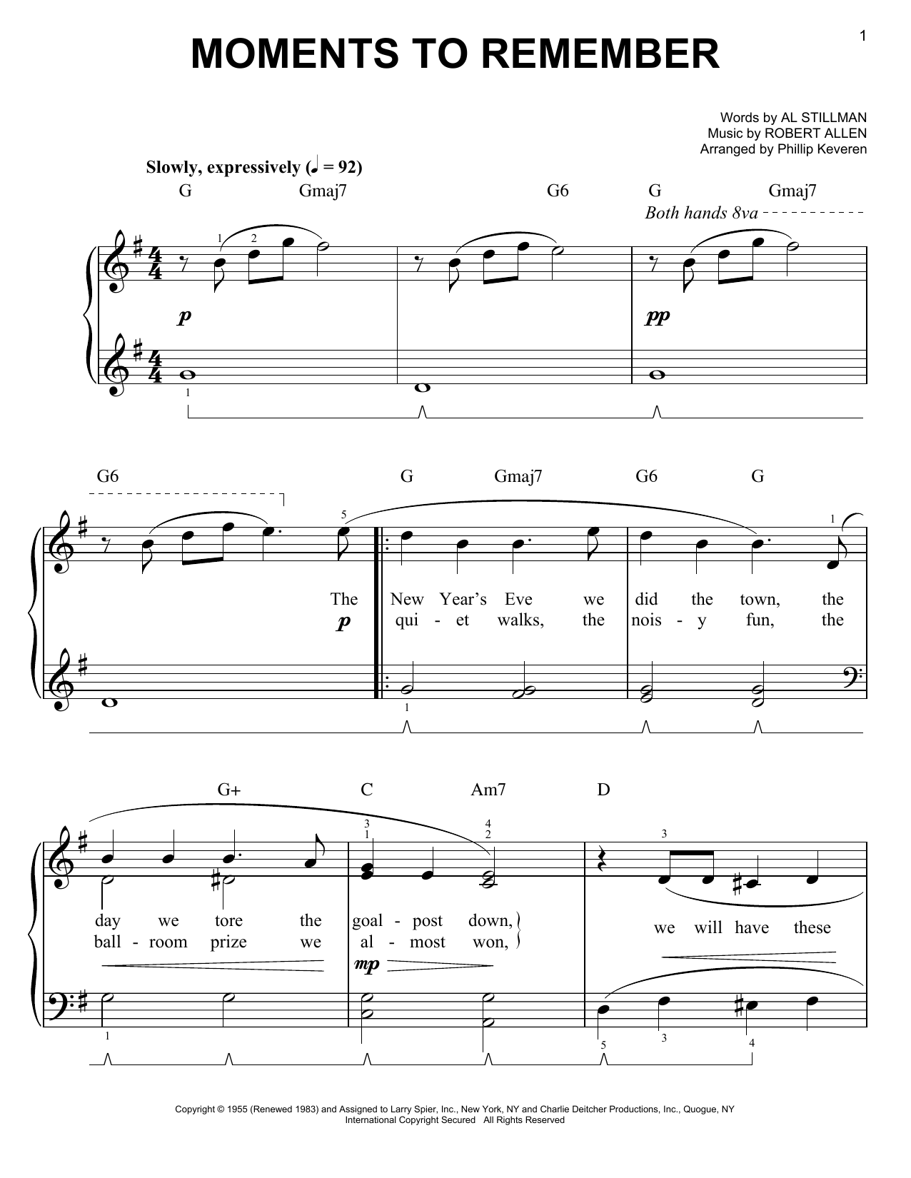 The Four Lads Moments To Remember (arr. Phillip Keveren) sheet music notes and chords arranged for Easy Piano