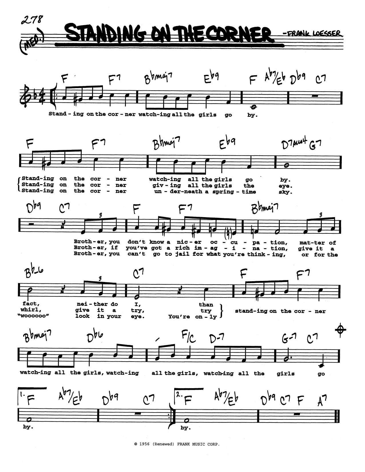 The Four Lads Standing On The Corner (Low Voice) sheet music notes and chords arranged for Real Book – Melody, Lyrics & Chords