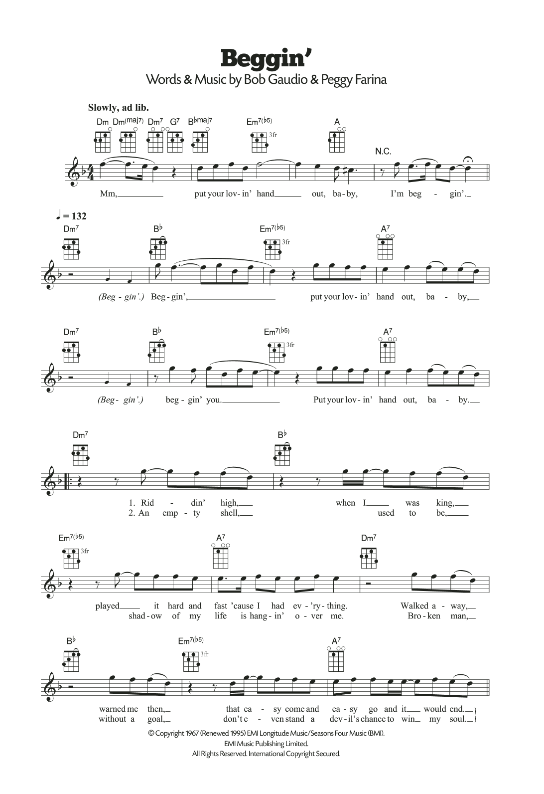 The Four Seasons Beggin' sheet music notes and chords arranged for Ukulele