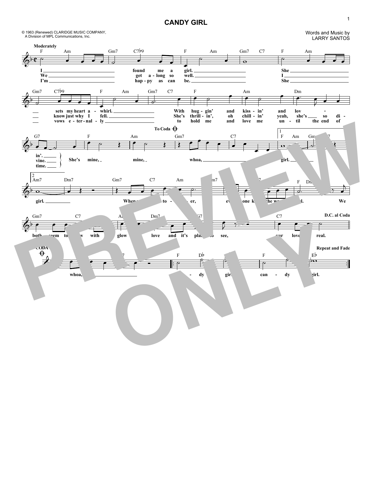The Four Seasons Candy Girl sheet music notes and chords arranged for Lead Sheet / Fake Book