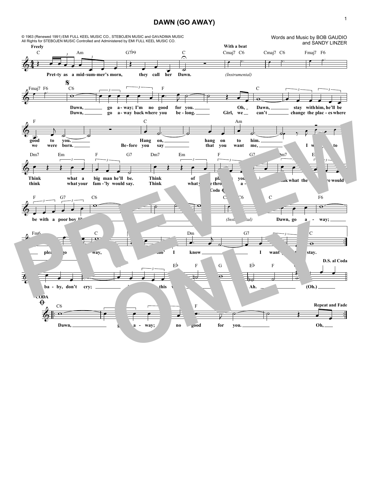 The Four Seasons Dawn (Go Away) sheet music notes and chords arranged for Lead Sheet / Fake Book