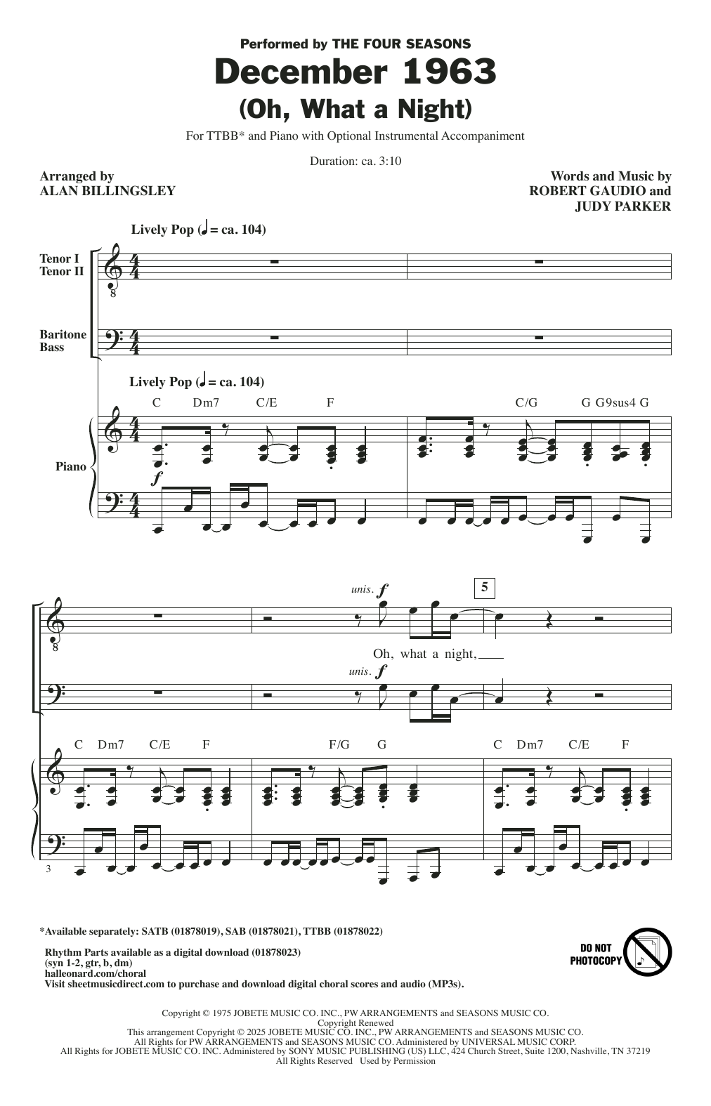 The Four Seasons December 1963 (Oh, What A Night) (arr. Alan Billingsley) sheet music notes and chords arranged for TTBB Choir