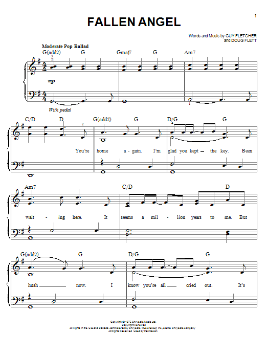 The Four Seasons Fallen Angel sheet music notes and chords arranged for Easy Piano