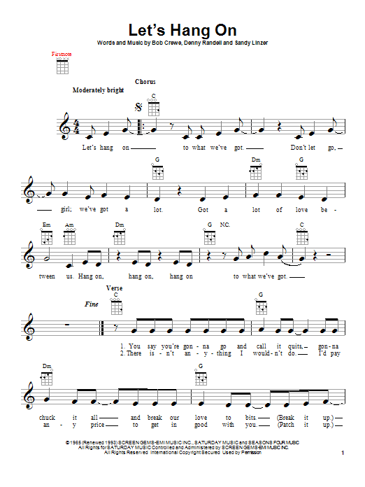 The Four Seasons Let's Hang On sheet music notes and chords arranged for Pro Vocal