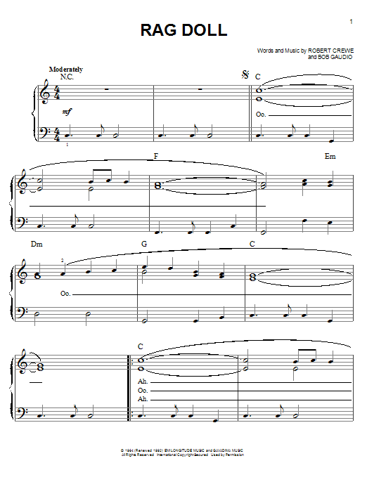 The Four Seasons Rag Doll sheet music notes and chords arranged for Easy Piano