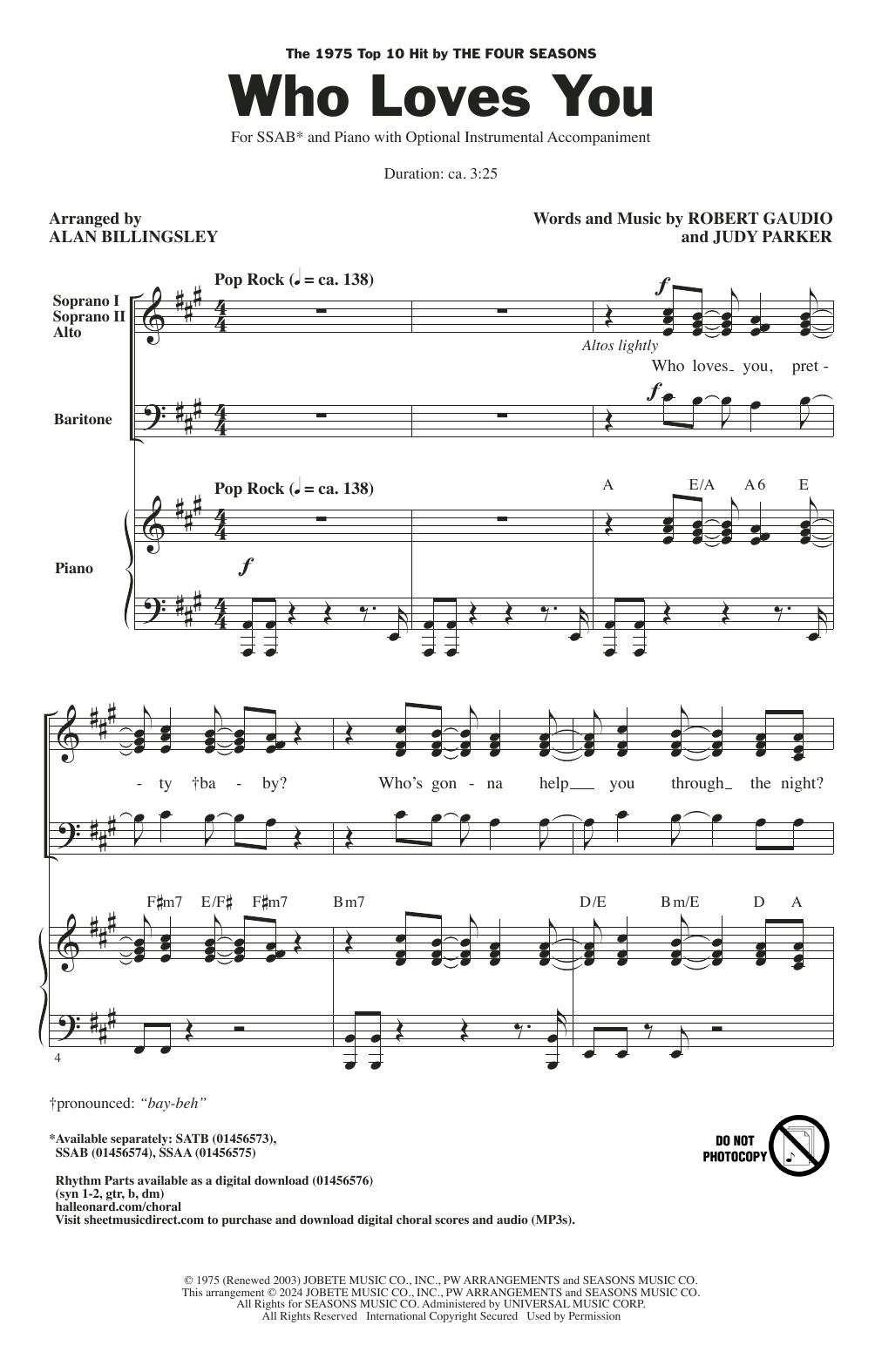 The Four Seasons Who Loves You (arr. Alan Billingsley) sheet music notes and chords arranged for SSAA Choir