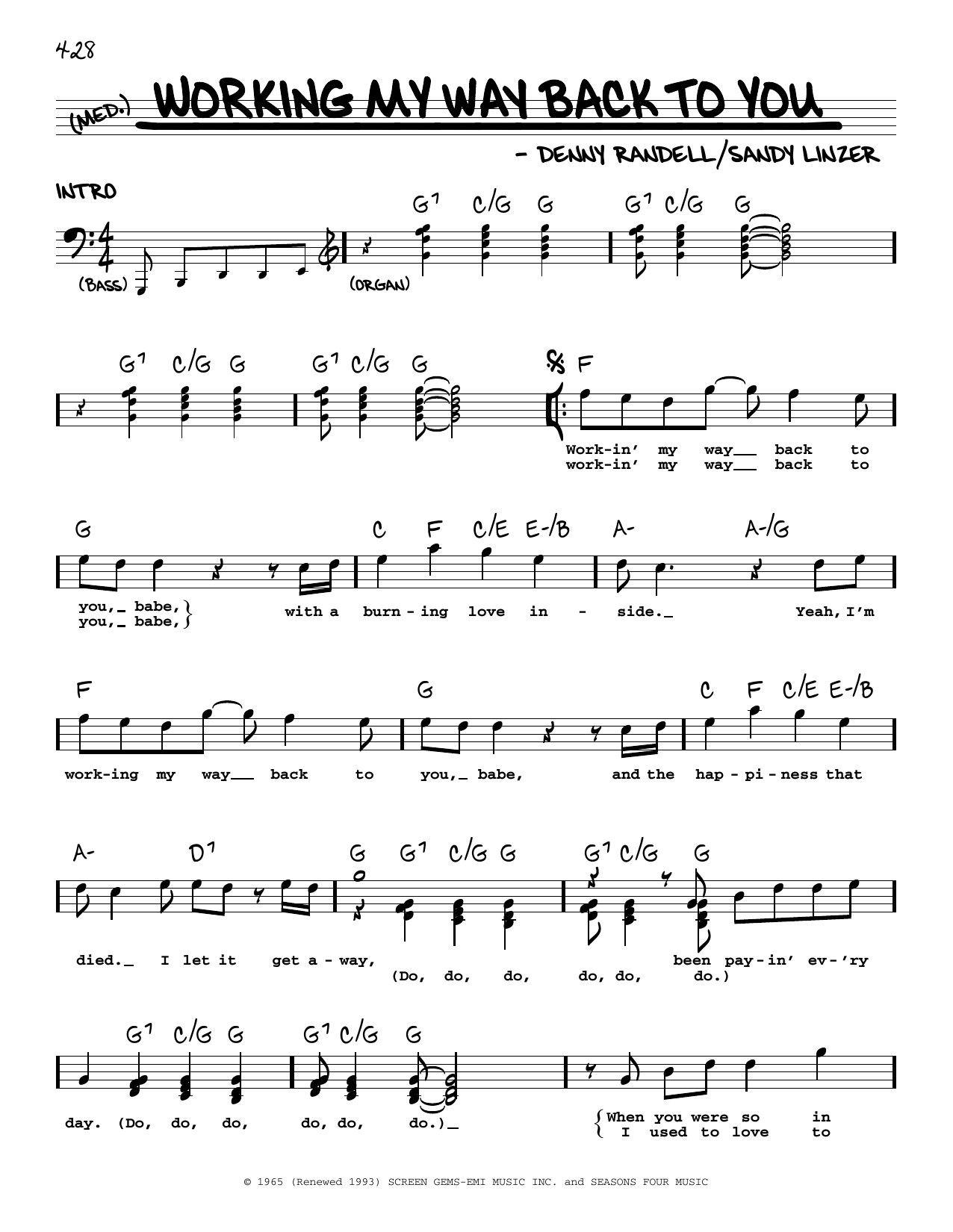 The Four Seasons Workin' My Way Back To You sheet music notes and chords arranged for Real Book – Melody, Lyrics & Chords