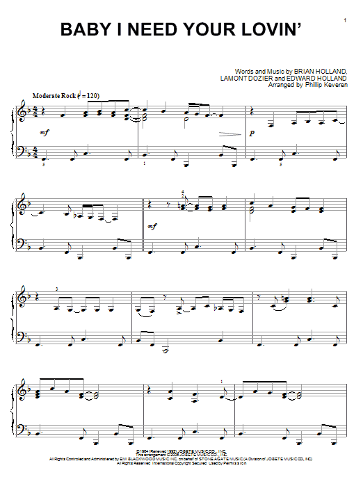 The Four Tops Baby I Need Your Lovin' (arr. Phillip Keveren) sheet music notes and chords arranged for Piano Solo