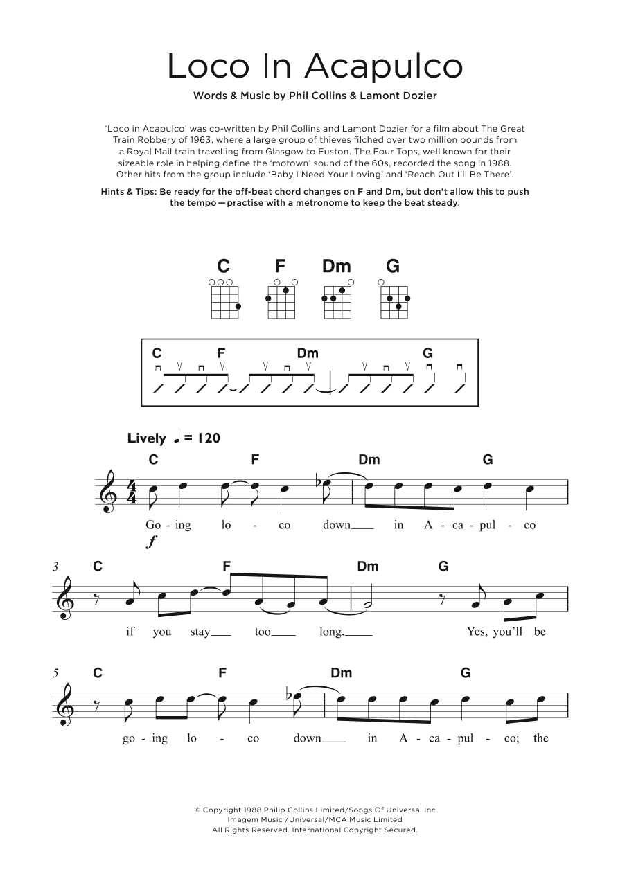 The Four Tops Loco In Acapulco sheet music notes and chords arranged for Beginner Piano
