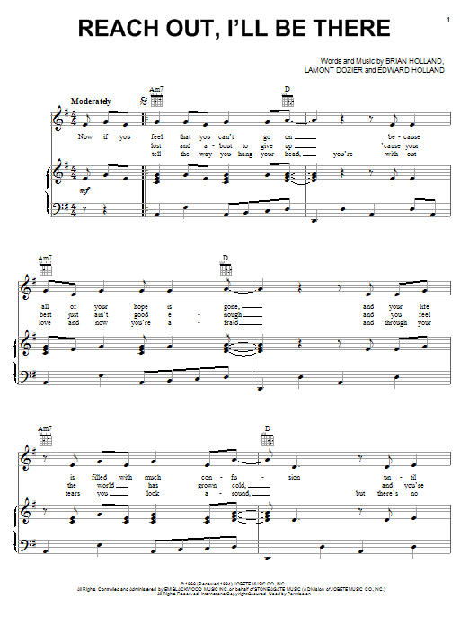 The Four Tops Reach Out, I'll Be There sheet music notes and chords arranged for Beginner Piano