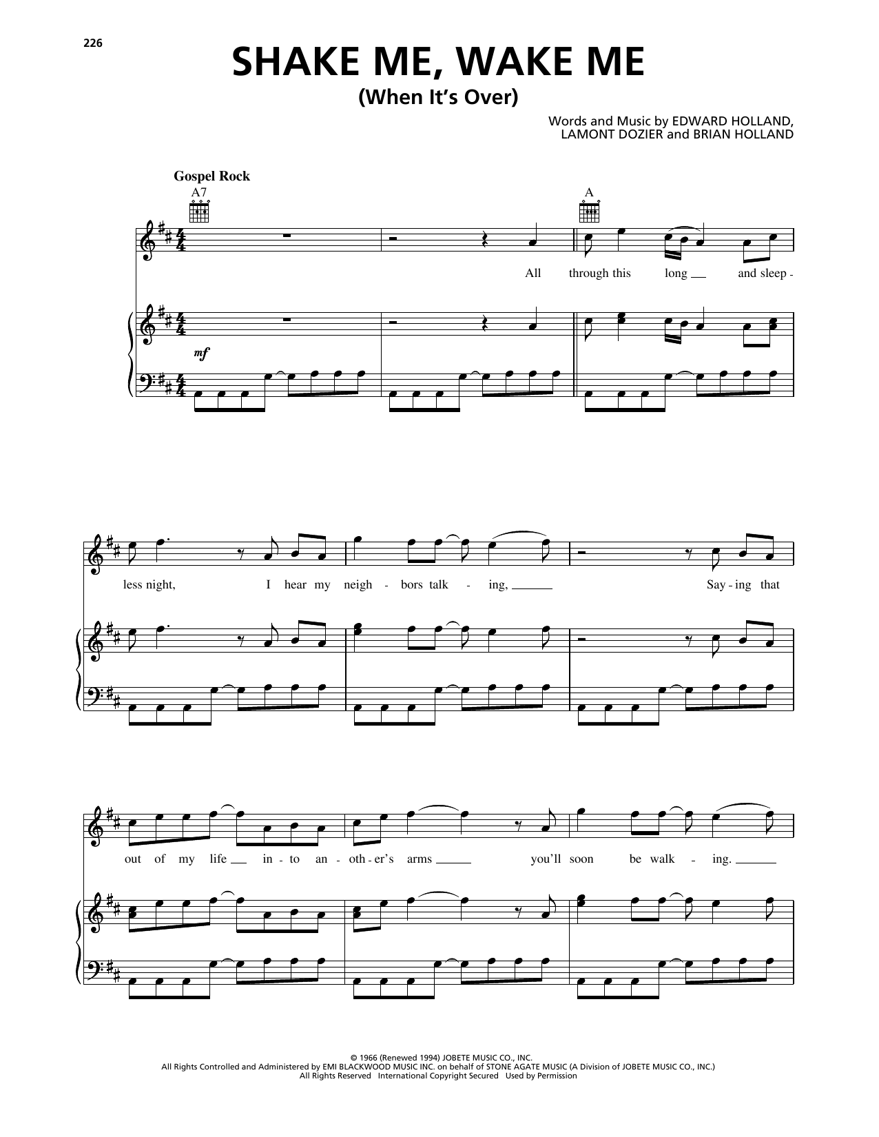 The Four Tops Shake Me, Wake Me (When It's Over) sheet music notes and chords arranged for Piano, Vocal & Guitar Chords (Right-Hand Melody)
