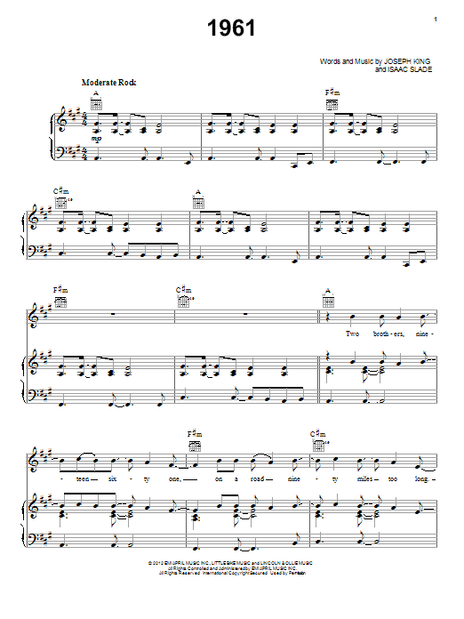 The Fray 1961 sheet music notes and chords arranged for Piano, Vocal & Guitar Chords (Right-Hand Melody)