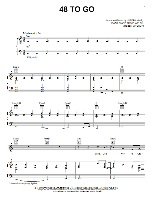 The Fray 48 To Go sheet music notes and chords arranged for Piano, Vocal & Guitar Chords (Right-Hand Melody)