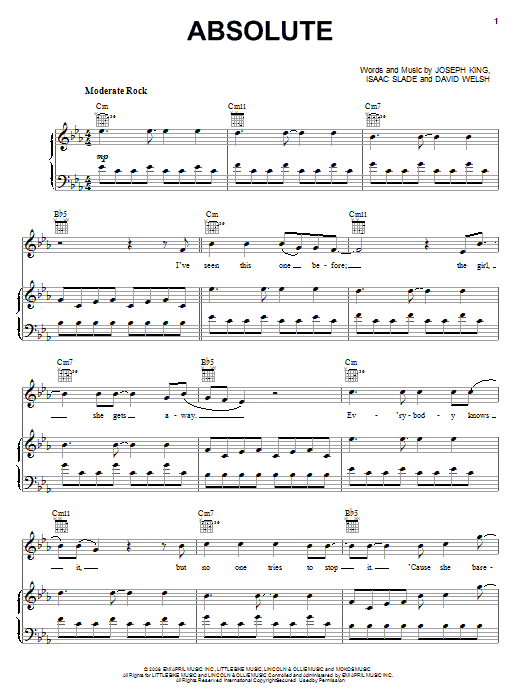 The Fray Absolute sheet music notes and chords arranged for Piano, Vocal & Guitar Chords (Right-Hand Melody)