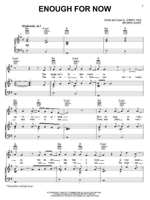 The Fray Enough For Now sheet music notes and chords arranged for Piano, Vocal & Guitar Chords (Right-Hand Melody)