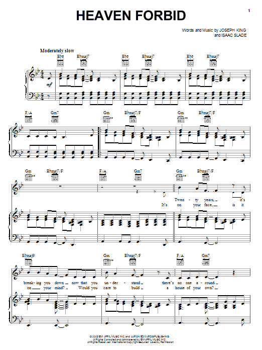 The Fray Heaven Forbid sheet music notes and chords arranged for Piano, Vocal & Guitar Chords (Right-Hand Melody)