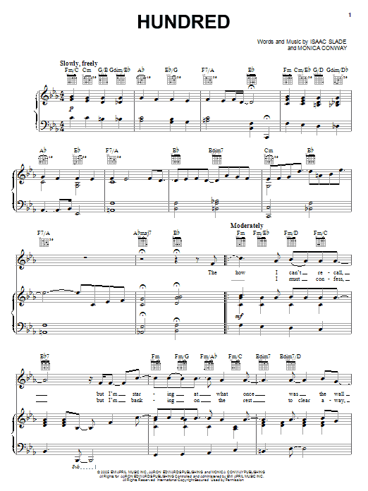 The Fray Hundred sheet music notes and chords arranged for Piano, Vocal & Guitar Chords (Right-Hand Melody)