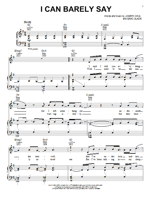 The Fray I Can Barely Say sheet music notes and chords arranged for Piano, Vocal & Guitar Chords (Right-Hand Melody)