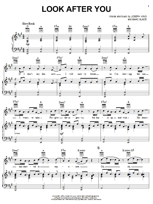 The Fray Look After You sheet music notes and chords arranged for Easy Piano