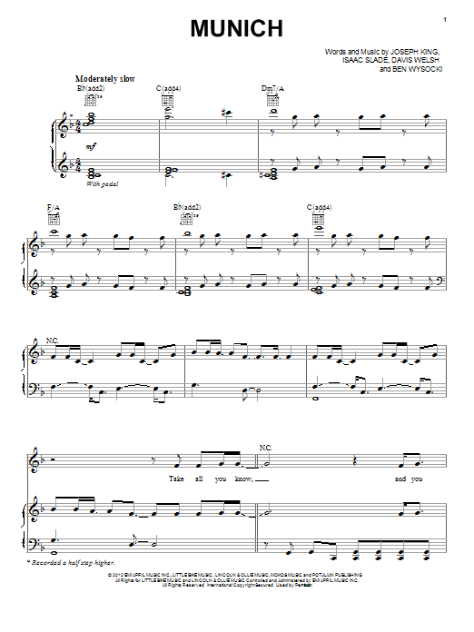 The Fray Munich sheet music notes and chords arranged for Piano, Vocal & Guitar Chords (Right-Hand Melody)