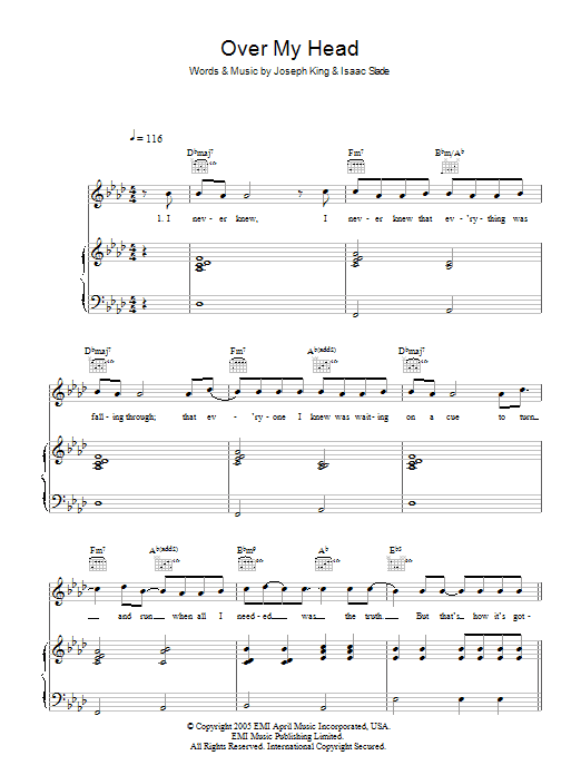 The Fray Over My Head (Cable Car) sheet music notes and chords arranged for Easy Piano