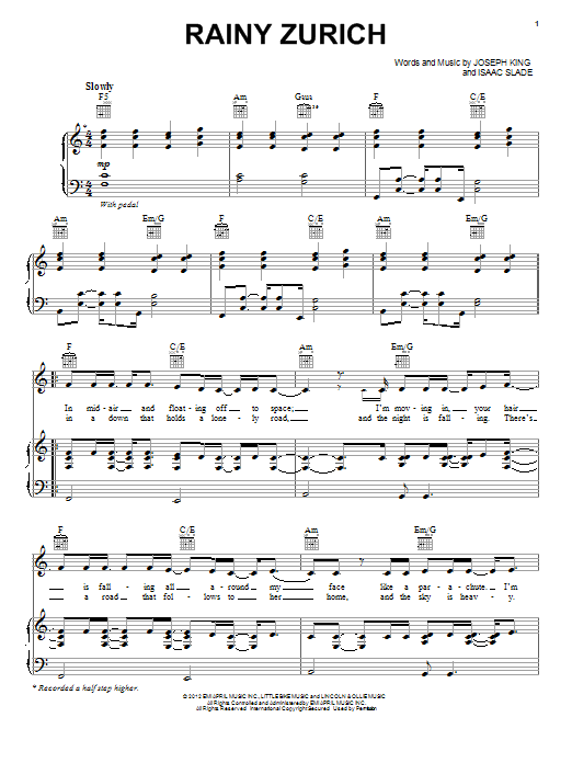 The Fray Rainy Zurich sheet music notes and chords arranged for Piano, Vocal & Guitar Chords (Right-Hand Melody)