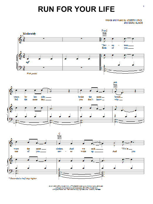 The Fray Run For Your Life sheet music notes and chords arranged for Piano, Vocal & Guitar Chords