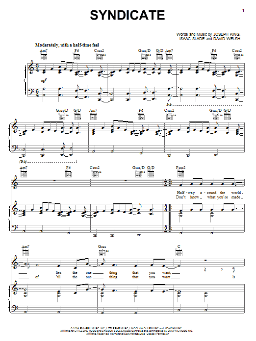 The Fray Syndicate sheet music notes and chords arranged for Piano, Vocal & Guitar Chords (Right-Hand Melody)