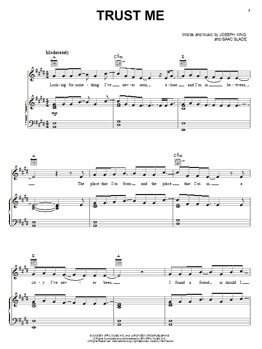 The Fray Trust Me sheet music notes and chords arranged for Piano, Vocal & Guitar Chords (Right-Hand Melody)