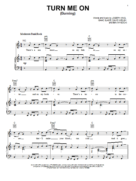 The Fray Turn Me On (Burning) sheet music notes and chords arranged for Piano, Vocal & Guitar Chords (Right-Hand Melody)