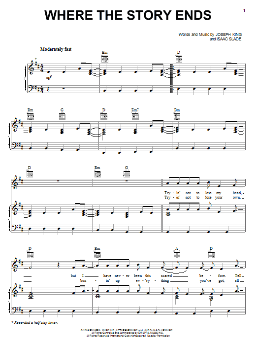The Fray Where The Story Ends sheet music notes and chords arranged for Piano, Vocal & Guitar Chords (Right-Hand Melody)