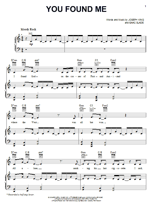 The Fray You Found Me sheet music notes and chords arranged for Piano, Vocal & Guitar Chords (Right-Hand Melody)
