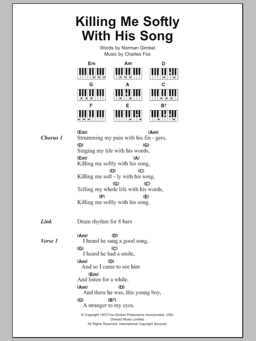 The Fugees Killing Me Softly With His Song sheet music notes and chords arranged for Piano Chords/Lyrics