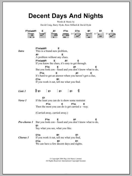 The Futureheads Decent Days And Nights sheet music notes and chords arranged for Guitar Chords/Lyrics
