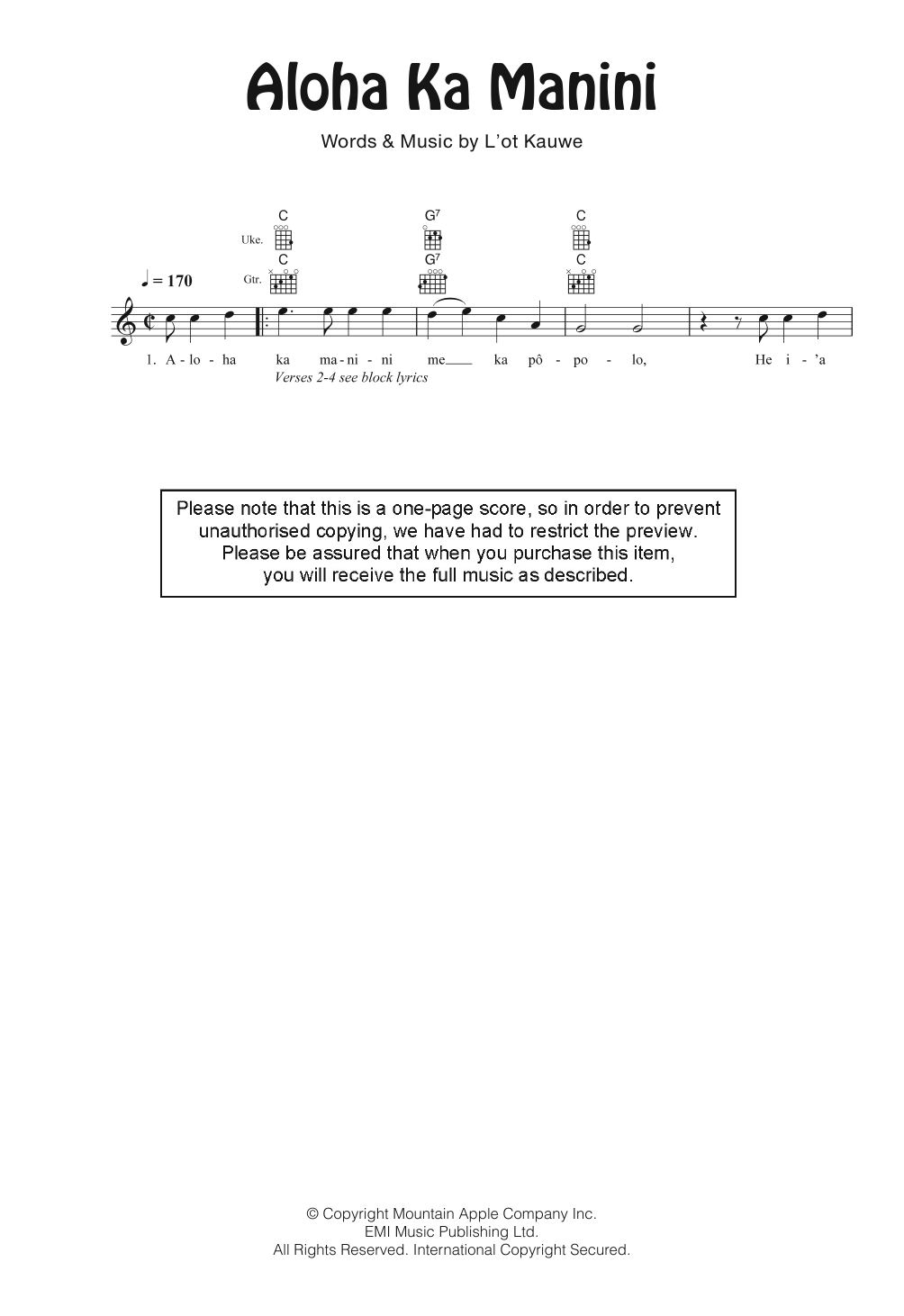 The Gabby Pahinui Hawaiian Band Aloha Ka Manini sheet music notes and chords arranged for Ukulele