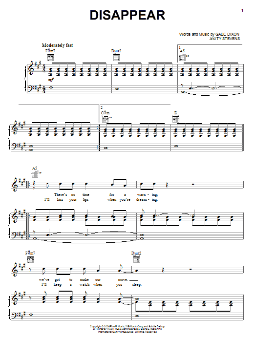 The Gabe Dixon Band Disappear sheet music notes and chords arranged for Piano, Vocal & Guitar Chords (Right-Hand Melody)