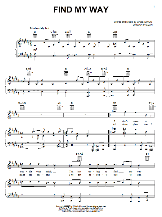 The Gabe Dixon Band Find My Way sheet music notes and chords arranged for Piano, Vocal & Guitar Chords (Right-Hand Melody)